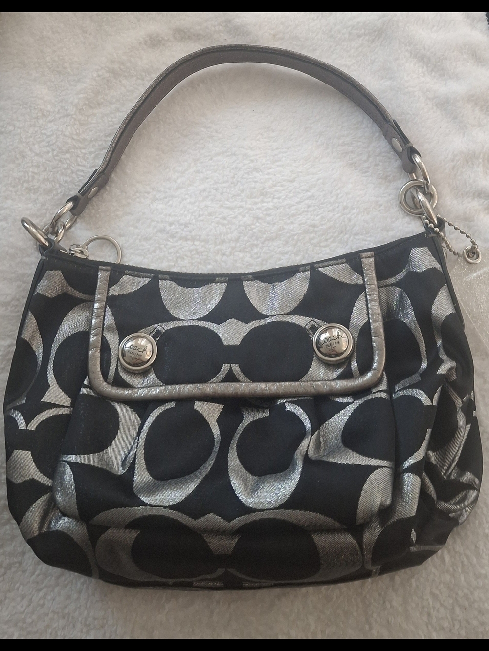 Coach Black Shoulder Bag with Silver Signature 'C' Motif